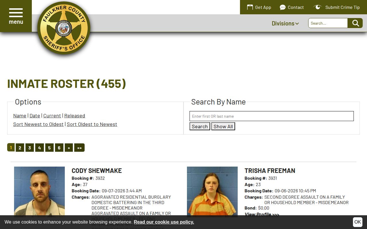 Faulkner County arrest roster search controls and booking fields