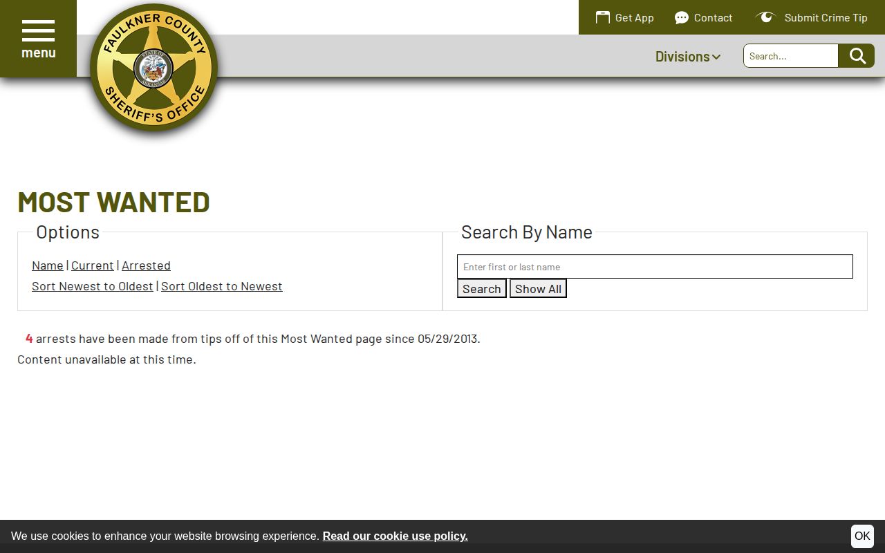 Faulkner County warrant and most wanted official source interface
